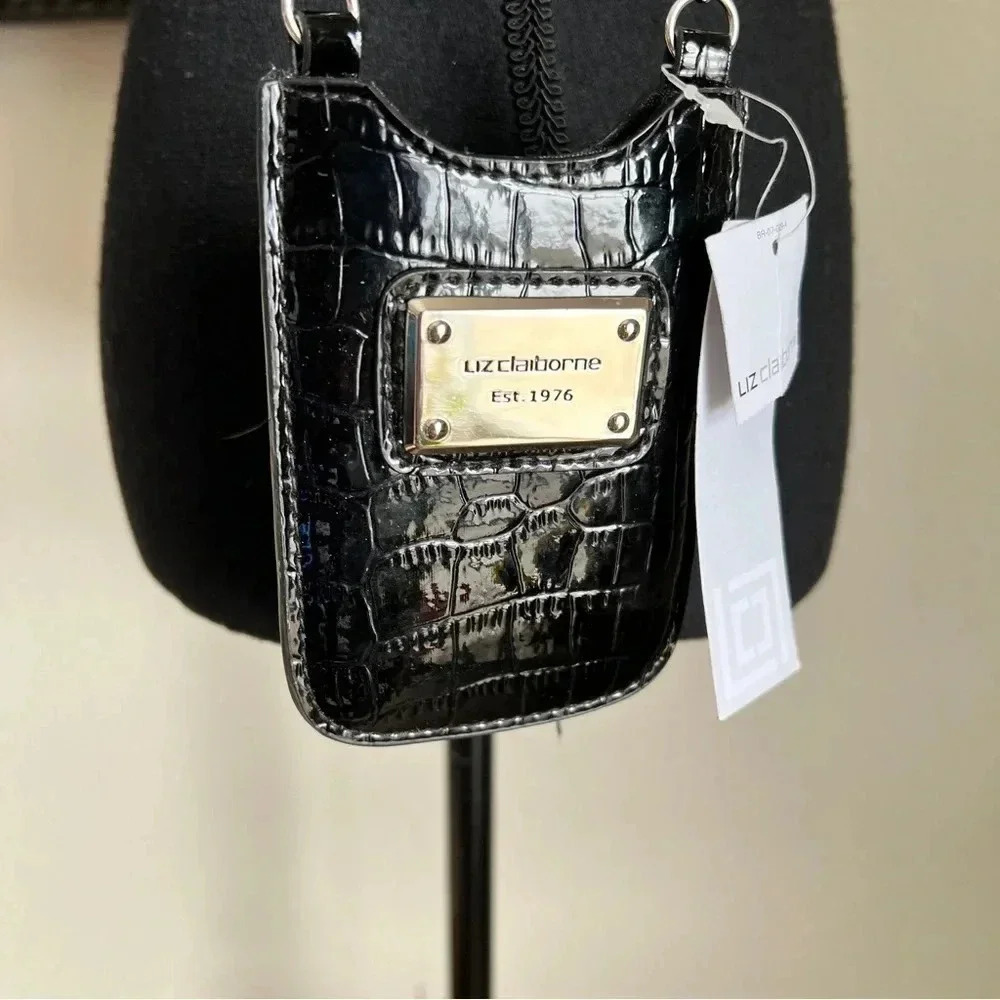 Liz Claiborne Phone & ID Holder Black Reptile Patent Vegan Leather Crossbody